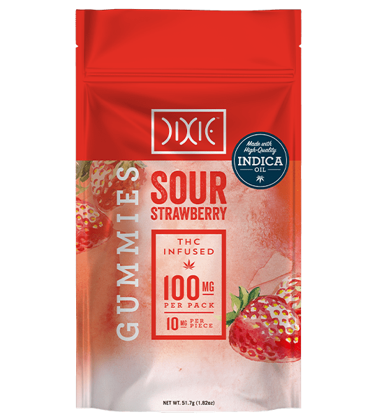 Dixie Sour Strawberry Gummies made with indica oil