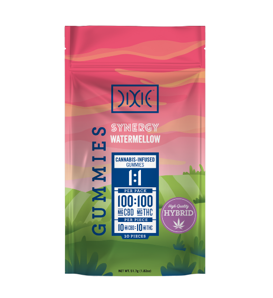 Dixie Synergy Watermellow Gummies 1:1 CBD:THC packaging