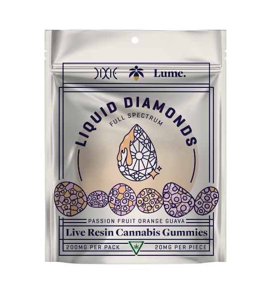 Dixie x Lume Liquid Diamonds Passionfruit Orange Guava Live Resin gummies packaging