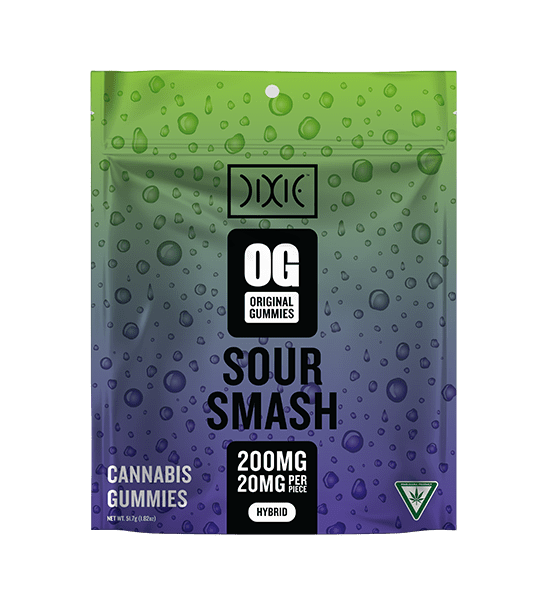 Dixie OG Series Sour Smash Bag. Green to purple gradient bag with drops of water.