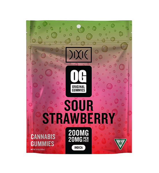 Dixie OG Series Sour Strawberry Bag. Green to Red gradient bag with drops of water.